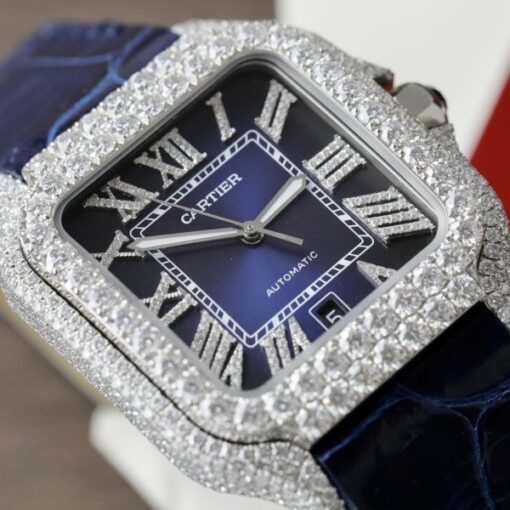 Cartier Santos Best Copies Watch Dial Blue Custom Diamonds Moissanite Hong Kong 39.8mm - Image 5