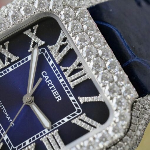 Cartier Santos Best Copies Watch Dial Blue Custom Diamonds Moissanite Hong Kong 39.8mm - Image 6