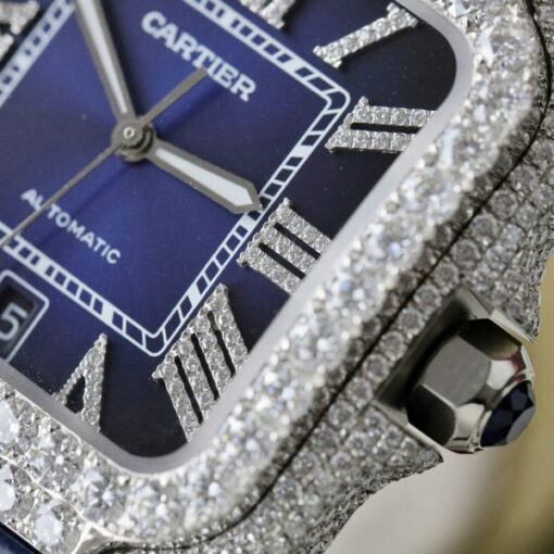 Cartier Santos Best Copies Watch Dial Blue Custom Diamonds Moissanite Hong Kong 39.8mm - Image 7