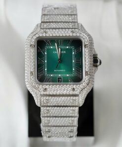 Cartier Santos Green Dial Copies Watch Custom Diamonds Moissanite BV Factory 39.8mm