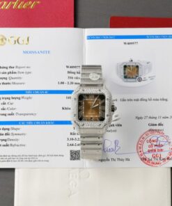 Alternative view of Cartier Santos Brown Dial Replica Watches Custom Moissanite Diamonds Metal Wire BV Factory 39.8mm