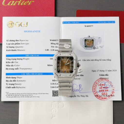 Cartier Santos Brown Dial Replica Watches Custom Moissanite Diamonds Metal Wire BV Factory 39.8mm - Image 2