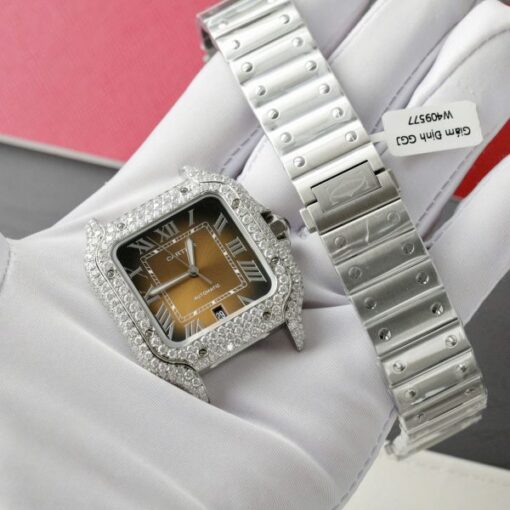 Cartier Santos Brown Dial Replica Watches Custom Moissanite Diamonds Metal Wire BV Factory 39.8mm - Image 3
