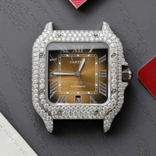 Cartier Santos Brown Dial Replica Watches Custom Moissanite Diamonds Metal Wire BV Factory 39.8mm - Image 5