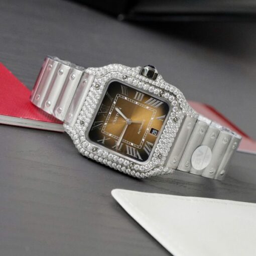 Cartier Santos Brown Dial Replica Watches Custom Moissanite Diamonds Metal Wire BV Factory 39.8mm - Image 4