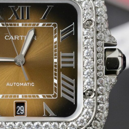 Cartier Santos Brown Dial Replica Watches Custom Moissanite Diamonds Metal Wire BV Factory 39.8mm - Image 6