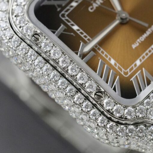 Cartier Santos Brown Dial Replica Watches Custom Moissanite Diamonds Metal Wire BV Factory 39.8mm - Image 7