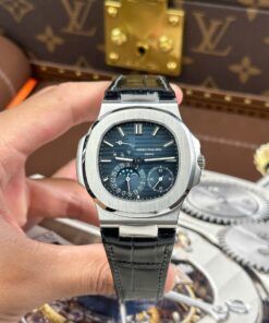 Patek Philippe Nautilus 5712 Knock Off Watches Blue Dial Leather Strap Engraving Machine PPF Factory 40mm