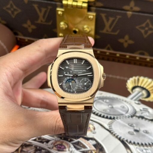 Patek Philippe Nautilus 5712R Replica Watches Gray Dial Leather Strap Engraving Machine PPF Factory 40mm - Image 2