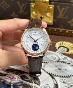 Rolex Cellini Moonphase 50535 Rose Gold Imitation Watches Brown Leather Strap KZ Factory 39mm