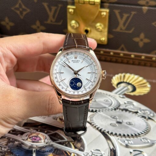 Rolex Cellini Moonphase 50535 Rose Gold Imitation Watches Brown Leather Strap KZ Factory 39mm