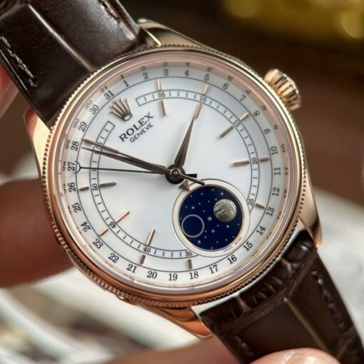 Rolex Cellini Moonphase 50535 Rose Gold Imitation Watches Brown Leather Strap KZ Factory 39mm - Image 6