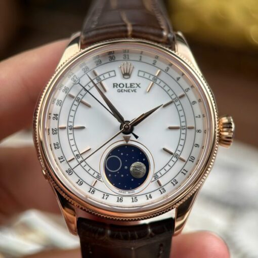 Rolex Cellini Moonphase 50535 Rose Gold Imitation Watches Brown Leather Strap KZ Factory 39mm - Image 5