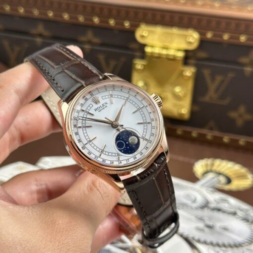 Rolex Cellini Moonphase 50535 Rose Gold Imitation Watches Brown Leather Strap KZ Factory 39mm - Image 3