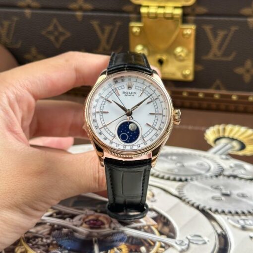 Rolex Cellini Moonphase 50535 Rose Gold Replica Watches Black Leather Strap KZ Factory 39mm - Image 2