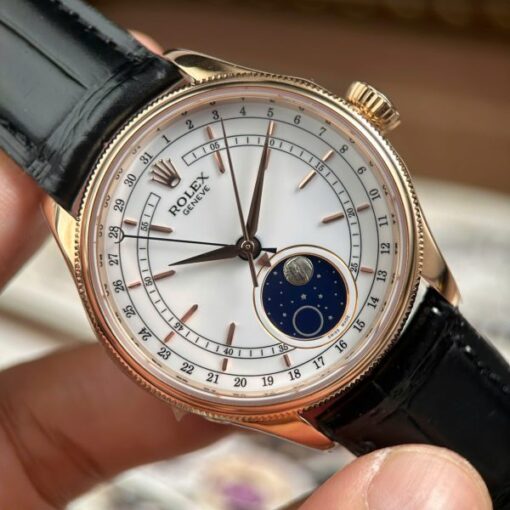 Rolex Cellini Moonphase 50535 Rose Gold Replica Watches Black Leather Strap KZ Factory 39mm - Image 3