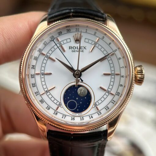 Rolex Cellini Moonphase 50535 Rose Gold Replica Watches Black Leather Strap KZ Factory 39mm - Image 4