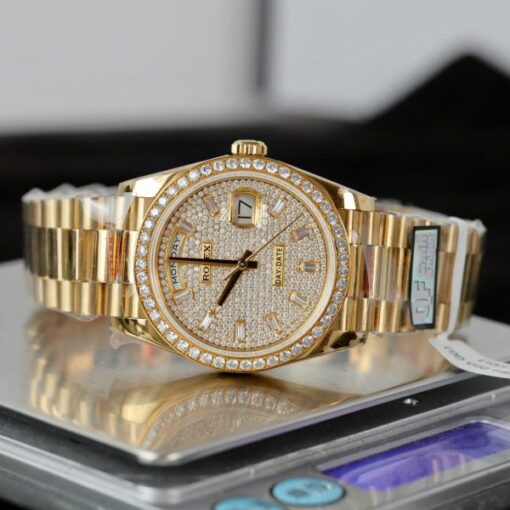 Rolex Day-Date Copies Watches 18K Gold Wrapped + Moissanite Diamonds QF Factory 36mm - Image 5