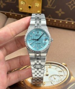 Rolex Land-Dweller 127236 Imitation Watches Ice Blue Dial Honeycomb Pattern Bezel Diamonds CZ Baguette Custom 36mm