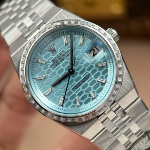Rolex Land-Dweller 127236 Imitation Watches Ice Blue Dial Honeycomb Pattern Bezel Diamonds CZ Baguette Custom 36mm - Image 5