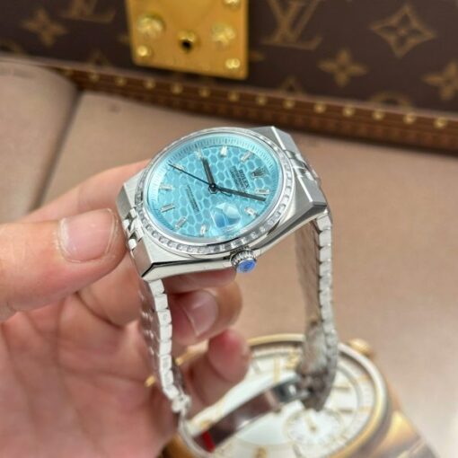 Rolex Land-Dweller 127236 Imitation Watches Ice Blue Dial Honeycomb Pattern Bezel Diamonds CZ Baguette Custom 36mm - Image 8