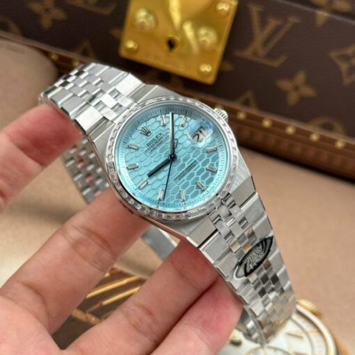Rolex Land-Dweller 127236 Imitation Watches Ice Blue Dial Honeycomb Pattern Bezel Diamonds CZ Baguette Custom 36mm - Image 3
