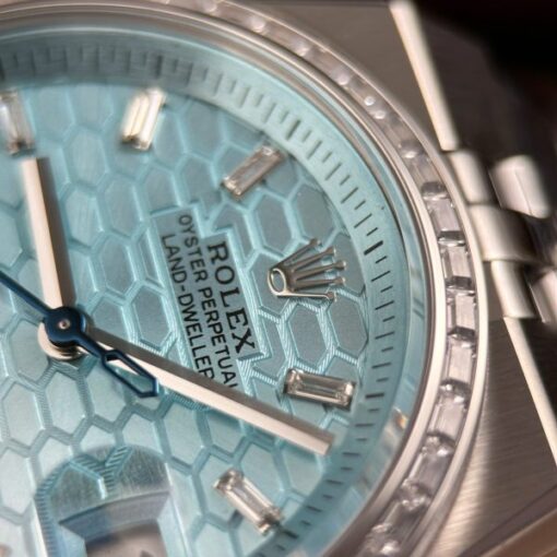 Rolex Land-Dweller 127236 Imitation Watches Ice Blue Dial Honeycomb Pattern Bezel Diamonds CZ Baguette Custom 36mm - Image 7