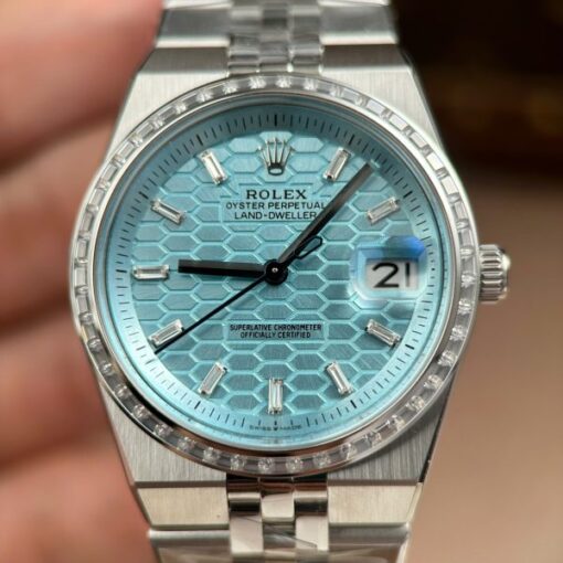 Rolex Land-Dweller 127236 Imitation Watches Ice Blue Dial Honeycomb Pattern Bezel Diamonds CZ Baguette Custom 36mm - Image 6