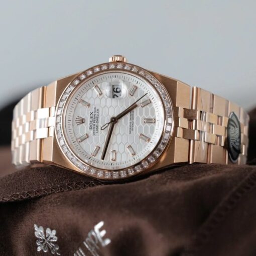 Rolex Land-Dweller 127334 White Dial Honeycomb Pattern Replica Watches Diamonds CZ Baguette Custom 40mm - Image 4