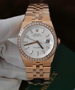Alternative view of Rolex Land-Dweller 127334 White Dial Honeycomb Pattern Replica Watches Diamonds CZ Baguette Custom 40mm