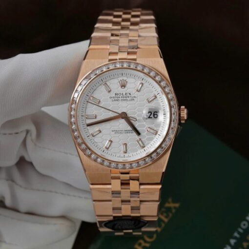 Rolex Land-Dweller 127334 White Dial Honeycomb Pattern Replica Watches Diamonds CZ Baguette Custom 40mm - Image 2
