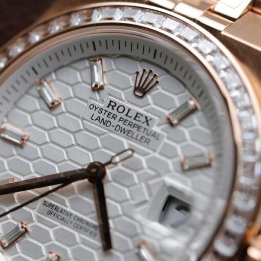 Rolex Land-Dweller 127334 White Dial Honeycomb Pattern Replica Watches Diamonds CZ Baguette Custom 40mm - Image 8