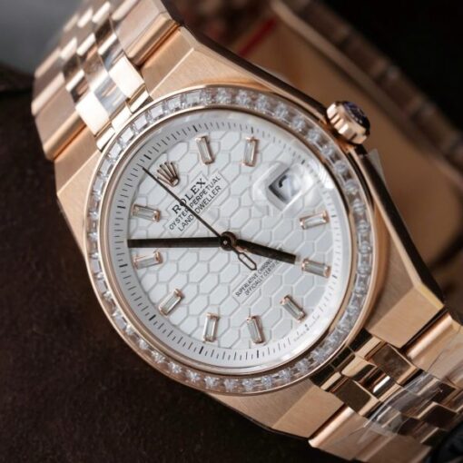 Rolex Land-Dweller 127334 White Dial Honeycomb Pattern Replica Watches Diamonds CZ Baguette Custom 40mm - Image 6