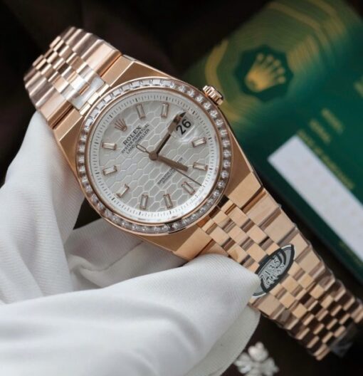 Rolex Land-Dweller 127334 White Dial Honeycomb Pattern Replica Watches Diamonds CZ Baguette Custom 40mm - Image 5