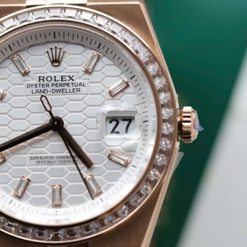 Rolex Land-Dweller 127334 White Dial Honeycomb Pattern Replica Watches Diamonds CZ Baguette Custom 40mm - Image 7