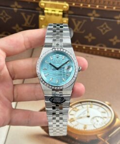 Rolex Land-Dweller 127336 Ice Blue Dial Honeycomb Pattern Replica Watches Diamonds CZ Baguette Custom 40mm
