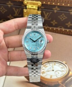 Alternative view of Rolex Land-Dweller 127336 Ice Blue Dial Honeycomb Pattern Replica Watches Diamonds CZ Baguette Custom 40mm