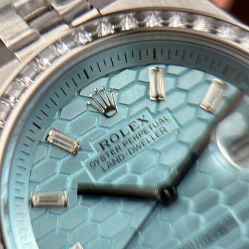 Rolex Land-Dweller 127336 Ice Blue Dial Honeycomb Pattern Replica Watches Diamonds CZ Baguette Custom 40mm - Image 6