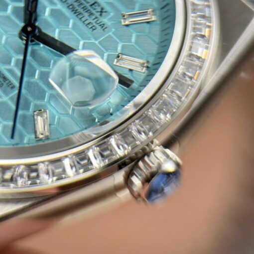 Rolex Land-Dweller 127336 Ice Blue Dial Honeycomb Pattern Replica Watches Diamonds CZ Baguette Custom 40mm - Image 7