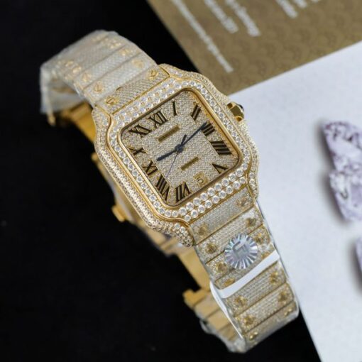 Cartier Santos Yellow Imitation Watches Full Moissanite Diamonds Custom BVF 39.8mm - Image 4