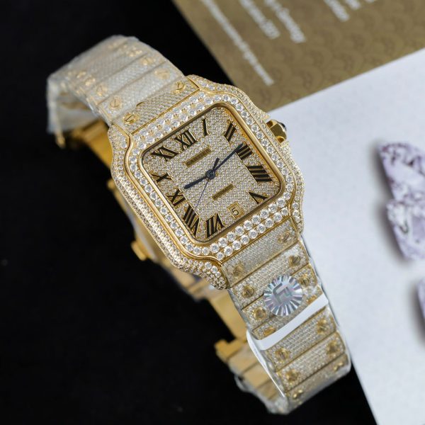 Cartier Santos Yellow Imitation Watches Full Moissanite Diamonds Custom BVF 39.8mm - Image 4