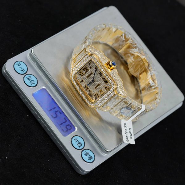 Cartier Santos Yellow Imitation Watches Full Moissanite Diamonds Custom BVF 39.8mm - Image 3