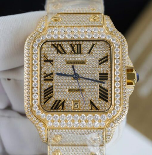 Cartier Santos Yellow Imitation Watches Full Moissanite Diamonds Custom BVF 39.8mm - Image 6