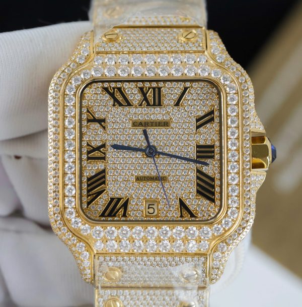 Cartier Santos Yellow Imitation Watches Full Moissanite Diamonds Custom BVF 39.8mm - Image 6