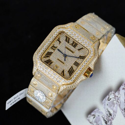 Cartier Santos Yellow Imitation Watches Full Moissanite Diamonds Custom BVF 39.8mm - Image 5