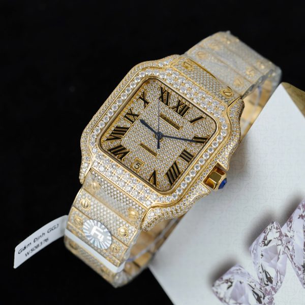 Cartier Santos Yellow Imitation Watches Full Moissanite Diamonds Custom BVF 39.8mm - Image 5