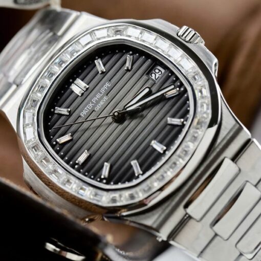 Patek Philippe Nautilus 5723 Gray Dial Replica Watches Diamonds Moissanite Baguette Custom 40mm - Image 5