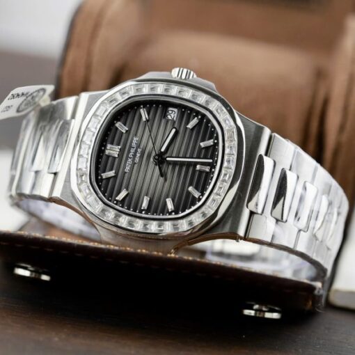 Patek Philippe Nautilus 5723 Gray Dial Replica Watches Diamonds Moissanite Baguette Custom 40mm - Image 4