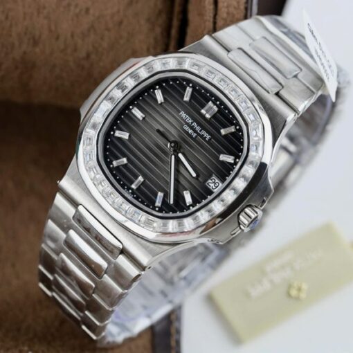 Patek Philippe Nautilus 5723 Gray Dial Replica Watches Diamonds Moissanite Baguette Custom 40mm - Image 3