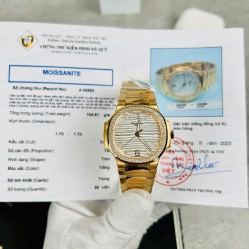 Patek Philippe Nautilus 7118 Replica Watches White Dial Bezel Moissanite Diamonds Custom 35.2mm - Image 2